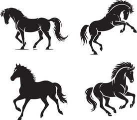 Running Horse Silhouette Line Vector Illustrations - Vector Set on White Background