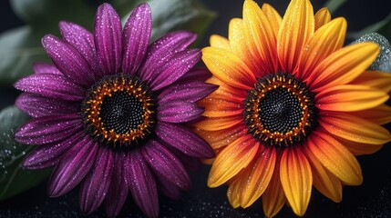 Obraz premium Two vibrant sunflowers with dew.