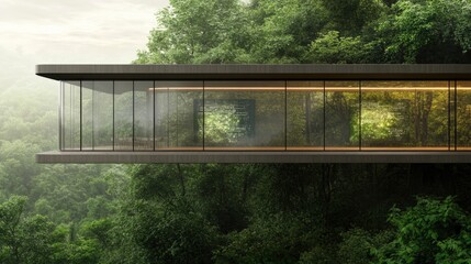 Fototapeta premium Modern architectural marvel suspended among lush green trees, showcasing remarkable glass walls for nature views