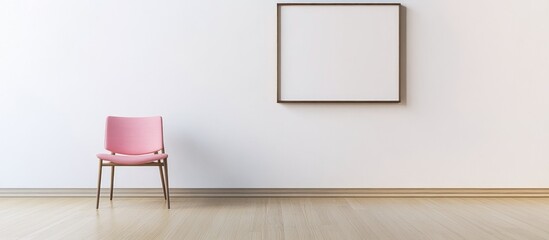 Minimalist interior showcasing a soft pink chair against a white wall with a framed blank canvas