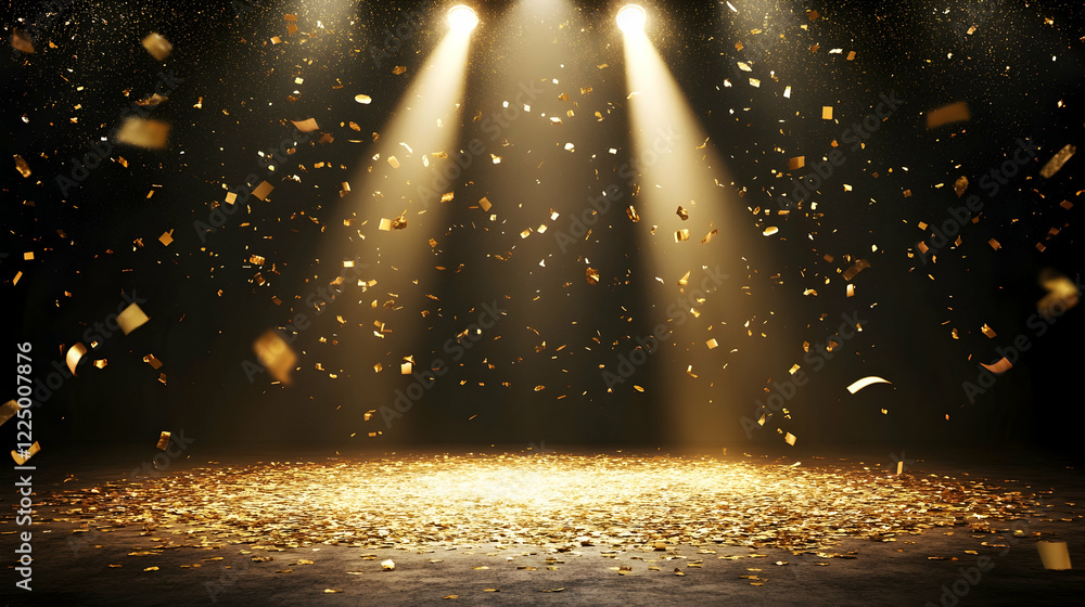 Poster gold confetti falling on a stage illuminated by a spotlight, with a dark background and empty space 