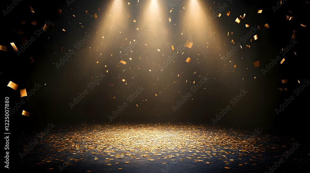 Aufkleber gold confetti falling on a stage illuminated by a spotlight, with a dark background and empty space 