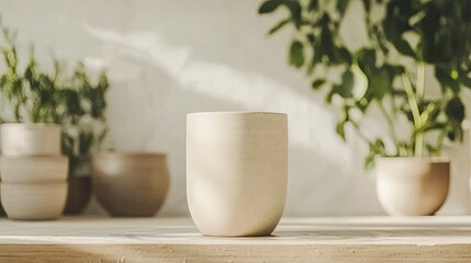 Minimalist aesthetic showcasing a smooth cream-colored ceramic cup on a wooden tabletop surrounded by greenery