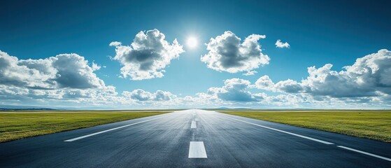 Asphalt road leading to horizon under bright sun and cloudy sky on a clear day
