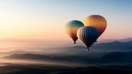 Fototapeta premium Three colorful hot air balloons floating gracefully over a serene mountain landscape at sunrise, capturing the tranquility of early morning adventures