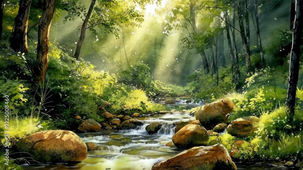 Poster sunlight filters through trees over a tranquil stream in a lush forest setting during the early morn