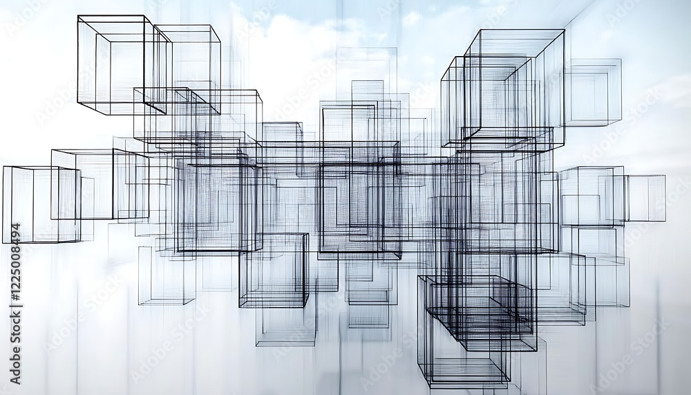 Fototapete interconnected wireframe cubes in abstract 3d art on white background.