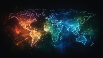 Vibrant technological world map with glowing network connections illustrating global interconnectivity and modernity