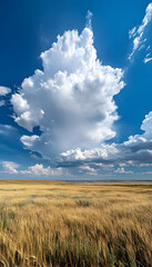 Obraz premium Golden wheat field under a blue sky with fluffy white clouds, a beautiful summer day -