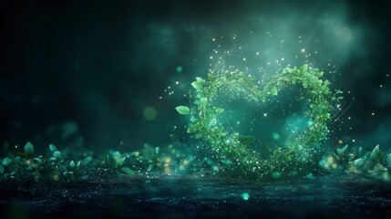 Obraz premium A mesmerizing heart-shaped design made from vibrant green leaves and sparkling elements, set in a mystical and serene environment.
