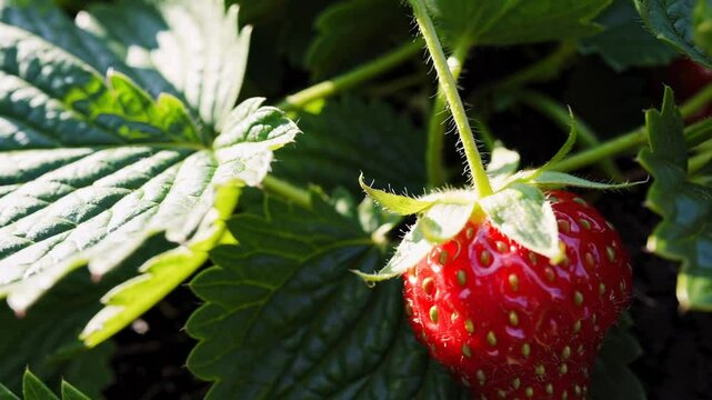 An organic-style view of a strawberry patch, emphasizing the naturally grown berries and thick, robust leaves