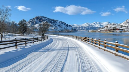 Wintry Lakeside Drive: Serene Snow-Covered Road Winding by a Picturesque Mountain Lake