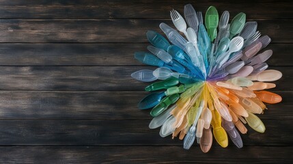 Colorful arrangement of plastic utensils creating a vibrant floral pattern on a rustic wooden background