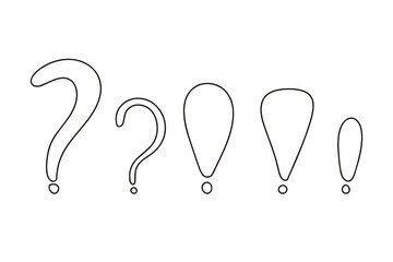 Set of exclamation and question marks in doodle style on white background. Hand drawn vector illustration. Vector 
