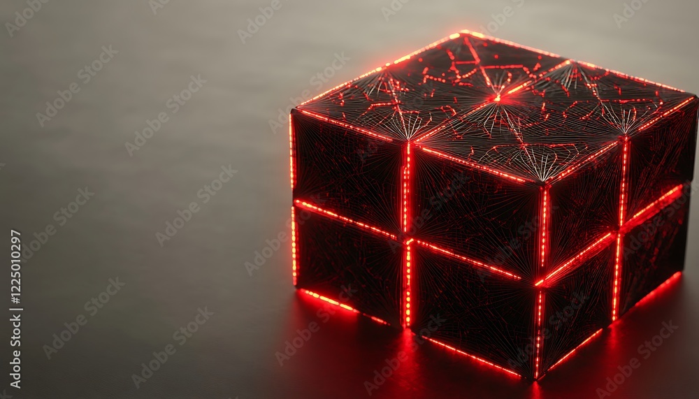 Poster abstract wire mesh design cube with red lights 3d render illustration