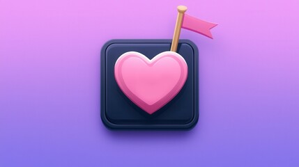 Pink Heart 3D Icon on Dark Square Button with Flag Perfect for Valentines Day
