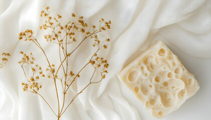 Handmade natural soap styled with parmesan-inspired texture, displayed on a clean white background.  -