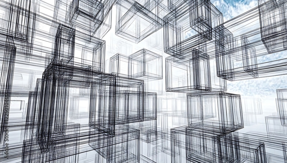 Fototapete interconnected wireframe cubes in abstract 3d art on white background.