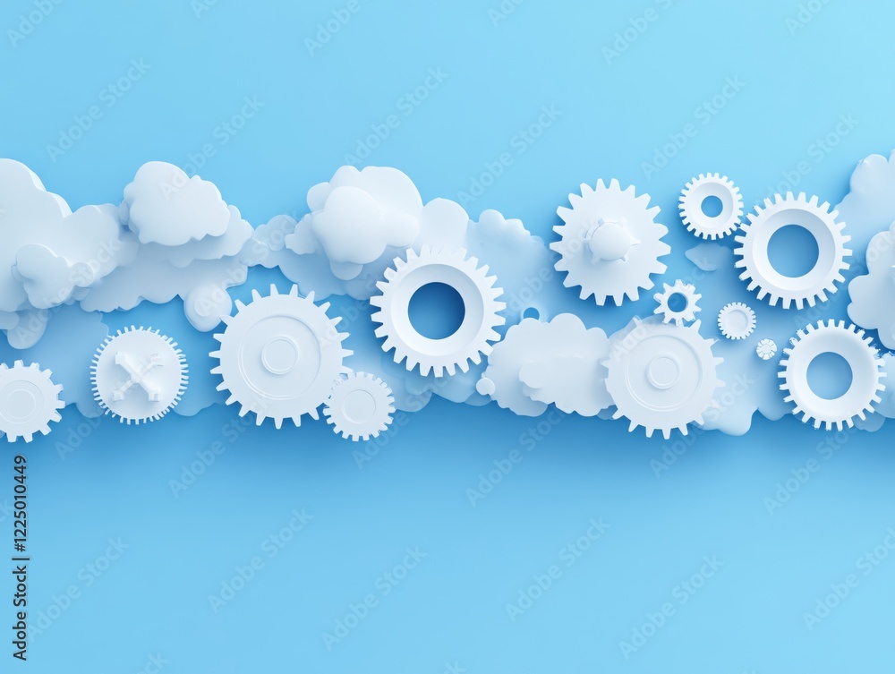Poster white gears and clouds on light blue background minimalist abstract concept of technology and progre