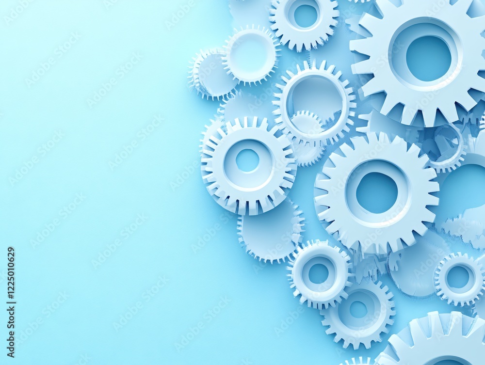 Poster white gears on light blue background forming a pattern with space for text or design