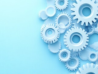 White gears on light blue background forming a pattern with space for text or design