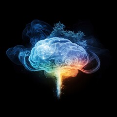 Abstract representation of a vibrant brain with organic elements and colorful energy, showcasing creativity and intelligence.