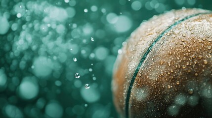 Close-up of a wet basketball glistening with raindrops, creating a soothing ambiance of freshness and sportiness.