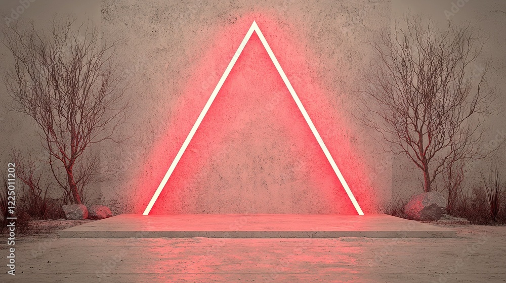 Poster a red light glows in the center of a room featuring a triangular floor design and tall trees beyond 
