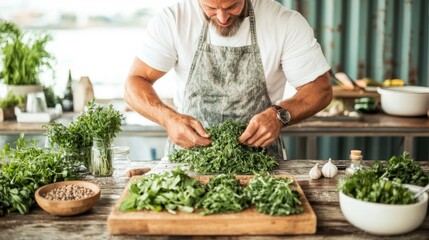 Fototapeta premium Man preparing fresh herbs for cooking in a rustic kitchen, surrounded by vibrant greens and kitchen tools