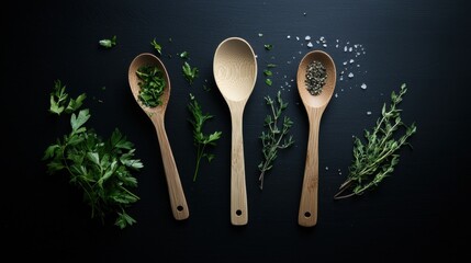 A close up of four wooden spoons with herbs and spices on a black background