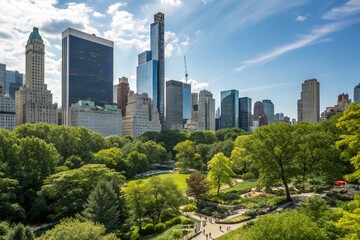 Fototapeta premium Vibrant City Skyline: Modern Architecture & Lush Greenery - Candid Photography