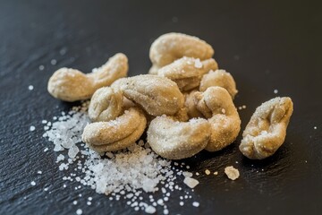 Fototapeta premium Cashews with Sea Salt A close-up of roasted cashews dusted with sea salt, placed on a dark slate surface.