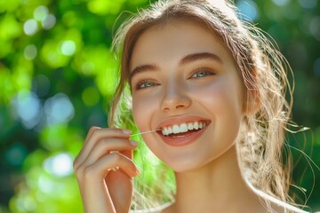 Oral hygiene, dental care and health concept - happy young woman with floss cleaning teeth over green natural background.