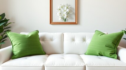 White Sofa Green Pillows Floral Frame AI Photo, Home Decor, Interior Design, Living Room, Cozy, Bright, Modern, Stylish