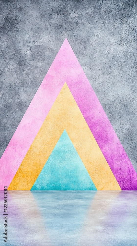 Poster   A multicolored triangle painted on a gray background with a water reflection