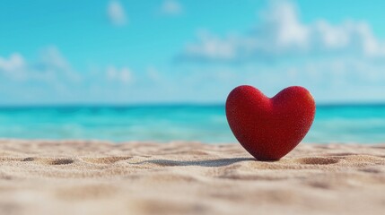 Red heart on sandy beach Summer vacation romance love Ocean view