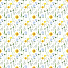 Watercolor seamless pattern with stylized buds, flowers and leaves of the Dandelion plant