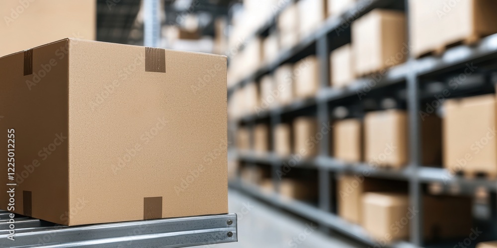 Poster a close-up of a cardboard box on a shelf in a warehouse, surrounded by other boxes, highlighting sto