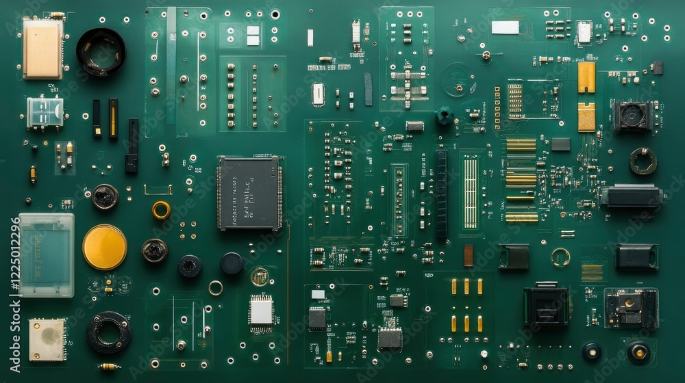 Poster a detailed overhead view of a complex circuit board showcasing various electronic components and con