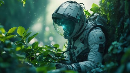 Astronaut studying alien plants.