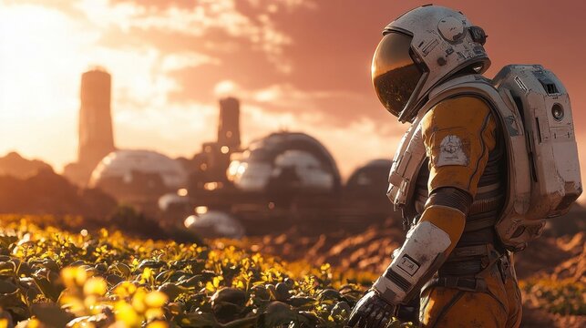 A space farmer tending glowing crops.
