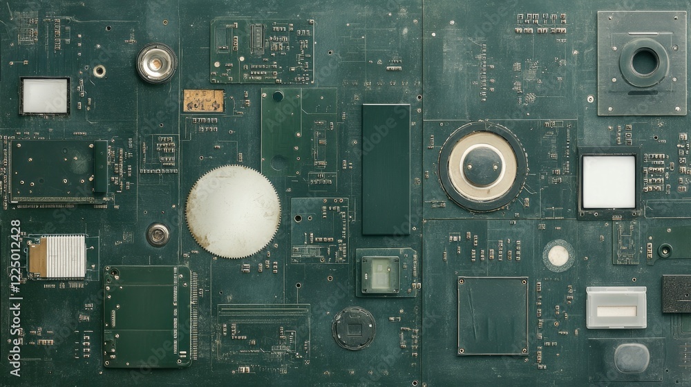 Poster aerial view of an intricate circuit board showcasing various electronic components and connections