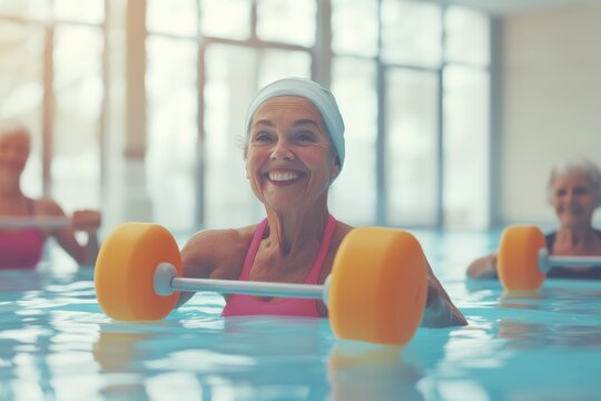 Elderly caucasian women exercising in pool with foam dumbbells