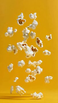 Suspending numerous popcorn kernels in mid air against a vibrant yellow background, creating a dynamic and visually captivating scene that evokes a sense of fun and appetite