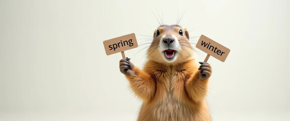 Groundhog holding signs with the words spring and winter. Celebrating Groundhog Day.