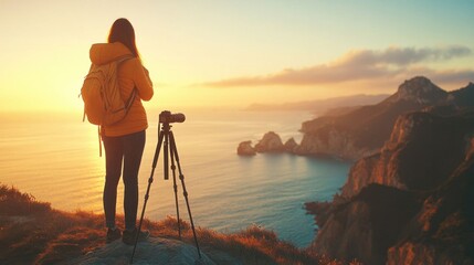 A woman photographing a sunrise.