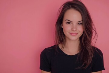 Fototapeta premium Photo portrait brunette smiling showing heart shaped sign looking copyspace isolated pastel pink color background.