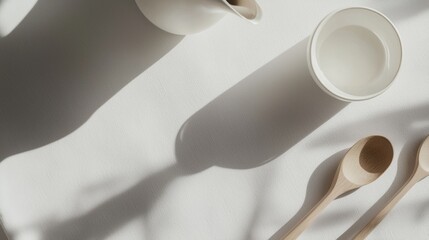 A white table with a white tablecloth and a white tea set with a white cup