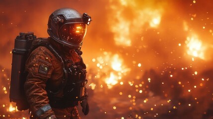 A determined rescue worker in flames.