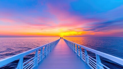 Fototapeta premium Long wooden pier extending into the calm ocean under a vibrant pink and orange sunset sky with two distant figures walking towards the horizon.